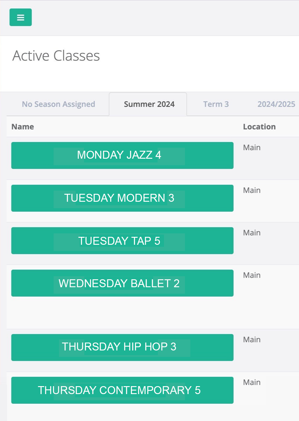 Screenshot of Studio Pro’s dance studio software interface showing different active classes
