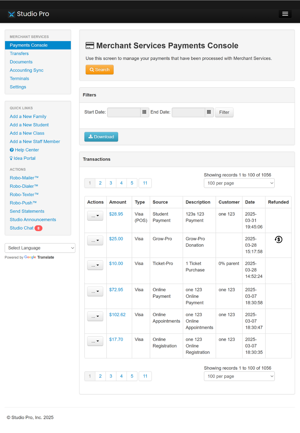 Screenshot of Studio Pro’s dance studio billing software interface showing different transactions processed by the platform