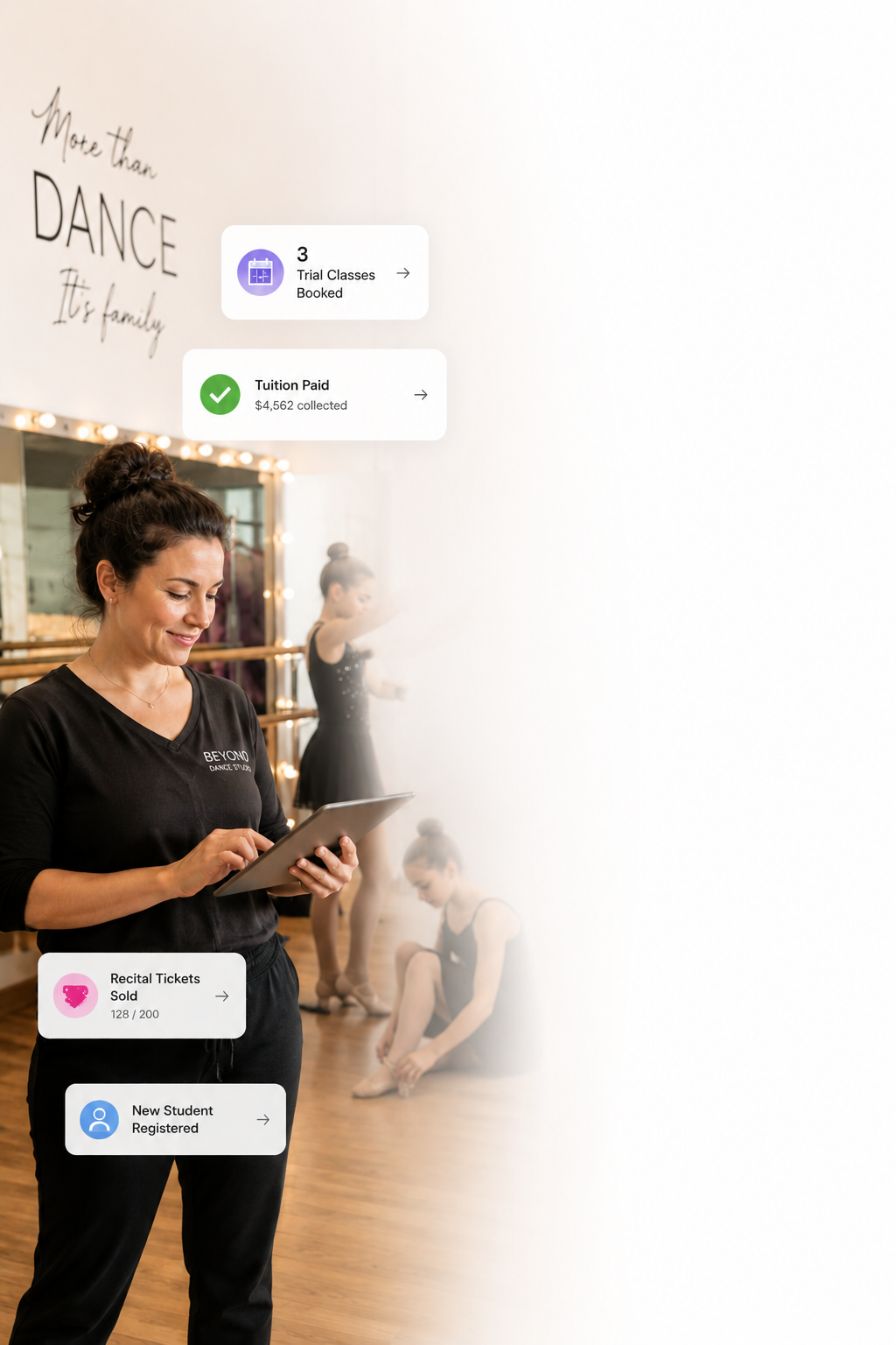 dance studio owner using studio pro on an ipad