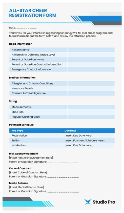 An All-Star cheer registration form template.