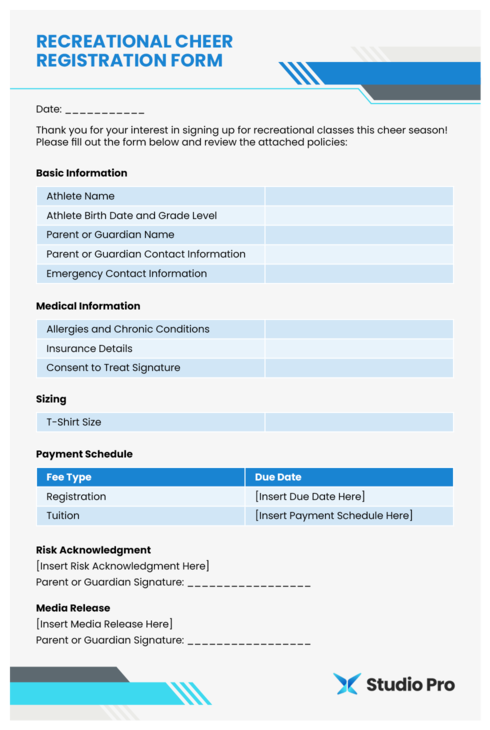 A recreational cheer registration form template.
