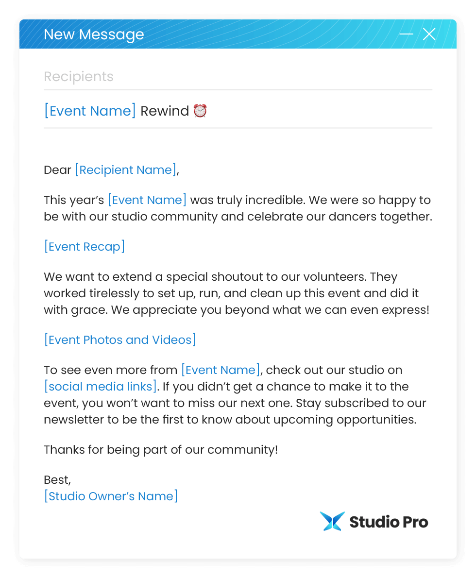 Dance event follow-up email template