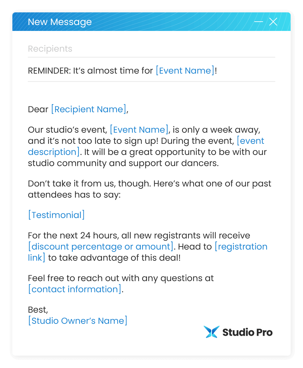 Dance event reminder email template