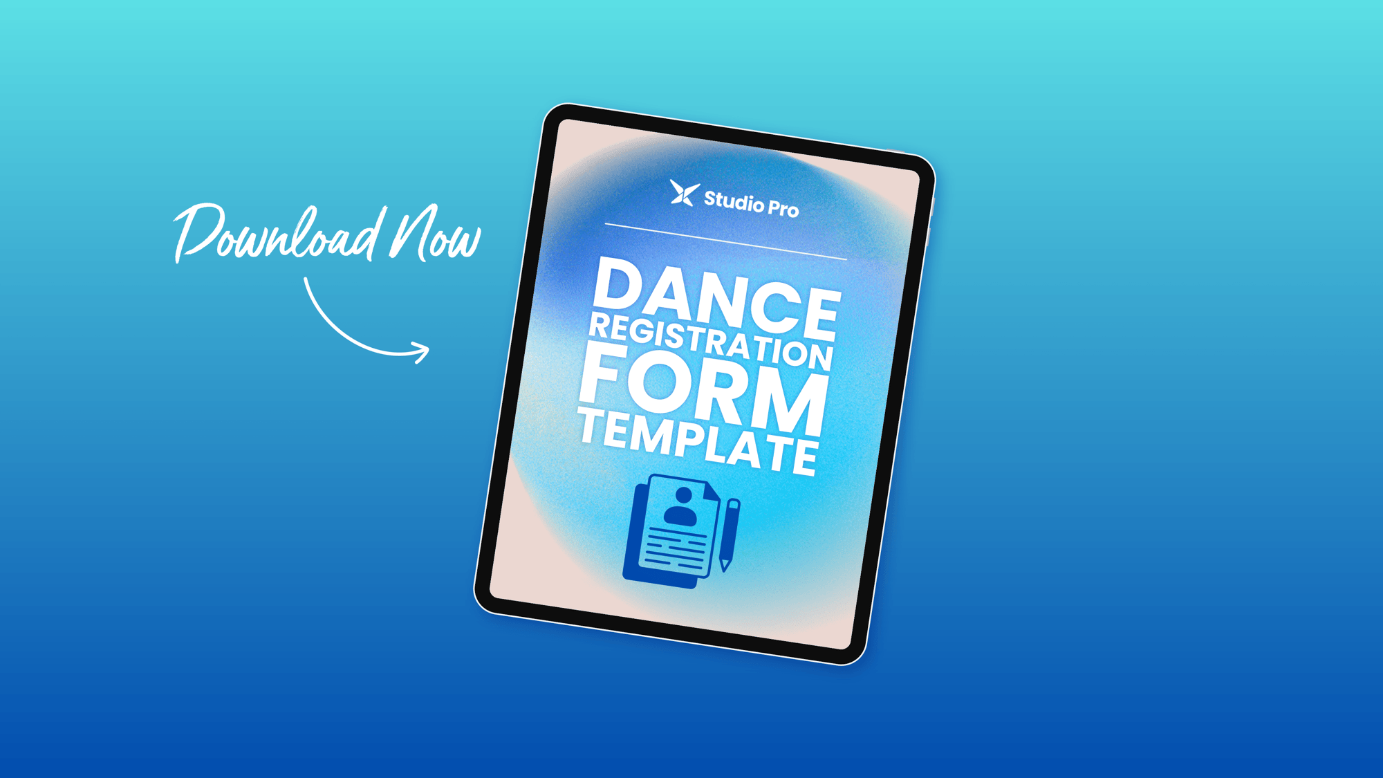 The title of the resource, "Dance Registration Form Template" on a tablet screen