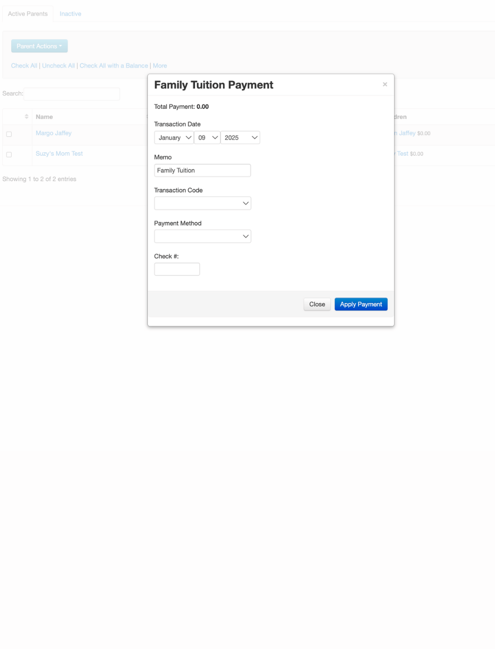 Screenshot of Studio Pro’s dance studio billing software interface showing how to set up family tuition payments