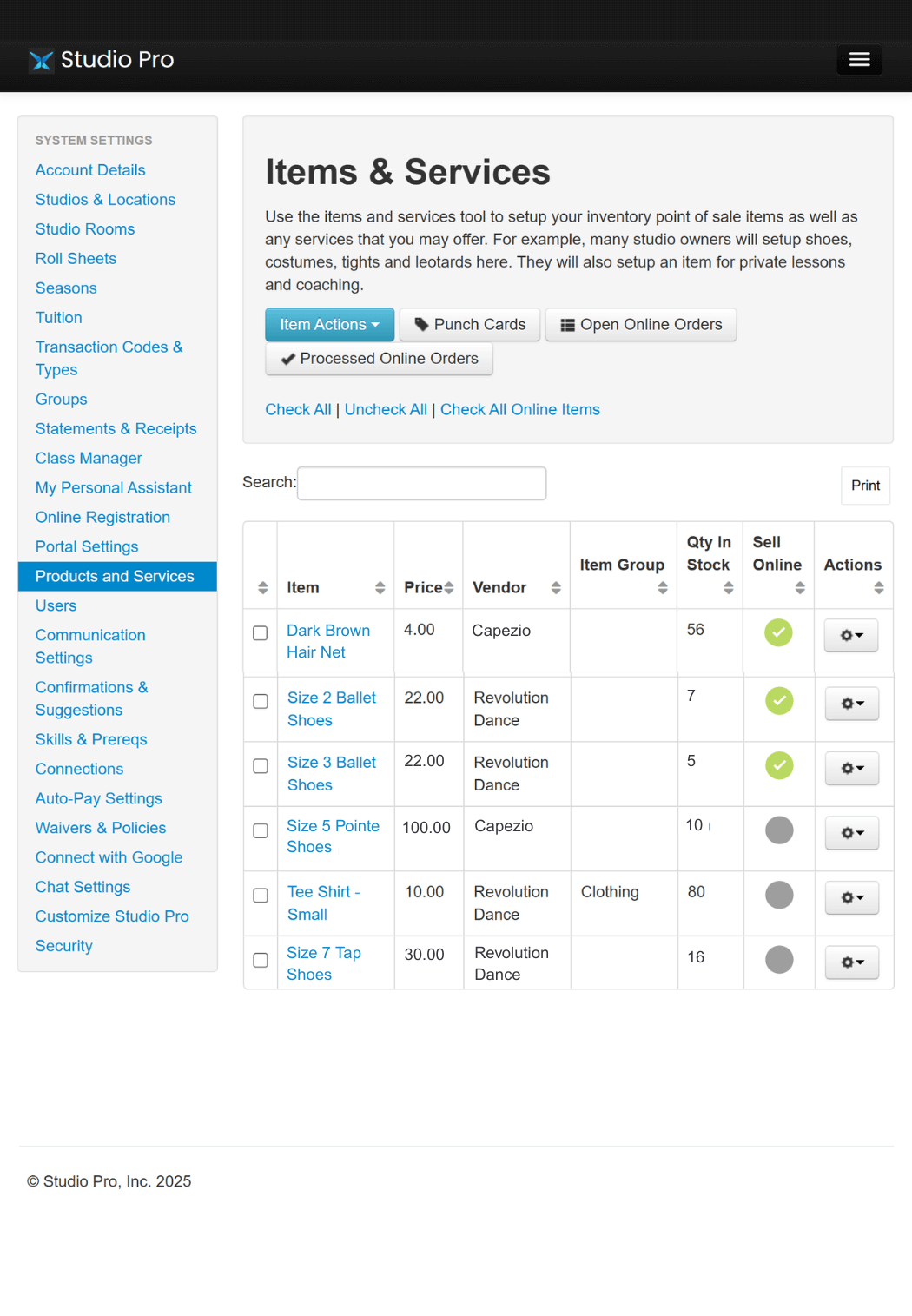 Screenshot of Studio Pro’s dance studio payment software interface showing the point of sale backend