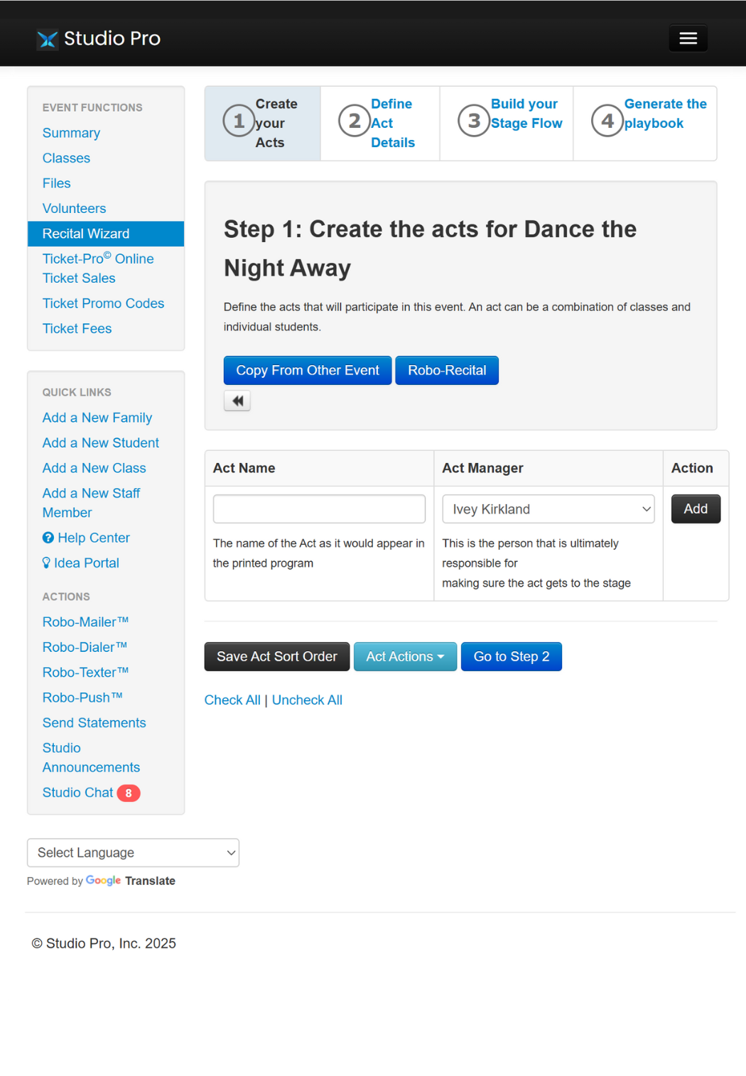 Screenshot of Studio Pro’s dance studio billing software interface showing ticket-selling options for different performances