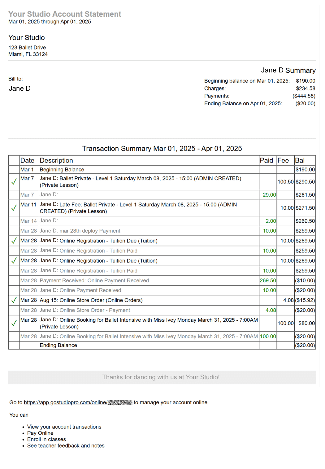 Screenshot of Studio Pro’s dance studio invoice software interface showing a student’s balance