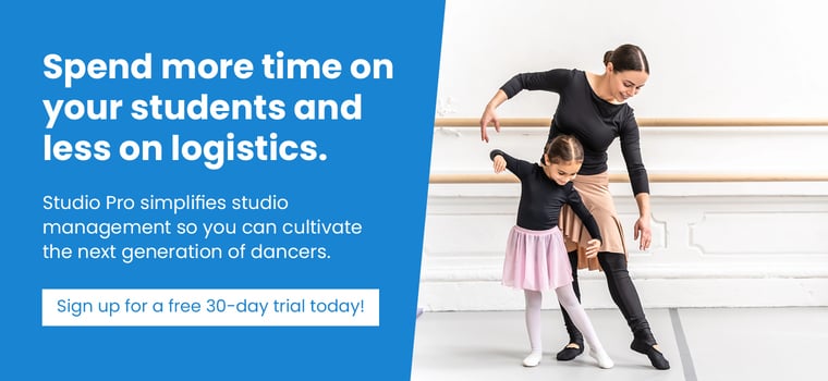 Spend more time on your students and less on logistics. Studio Pro simplifies studio management so you can cultivate the next generation of dancers. Sign up for a free 30-day trial today!