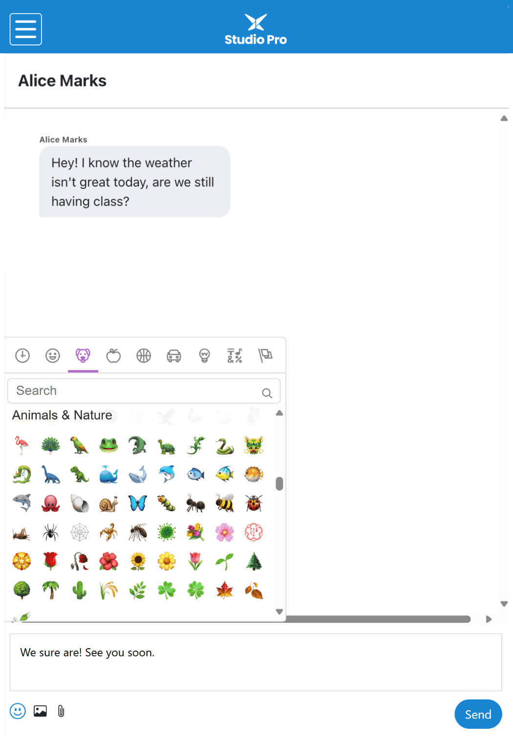 Screenshot of Studio Pro’s studio management software interface showing a parent chat
