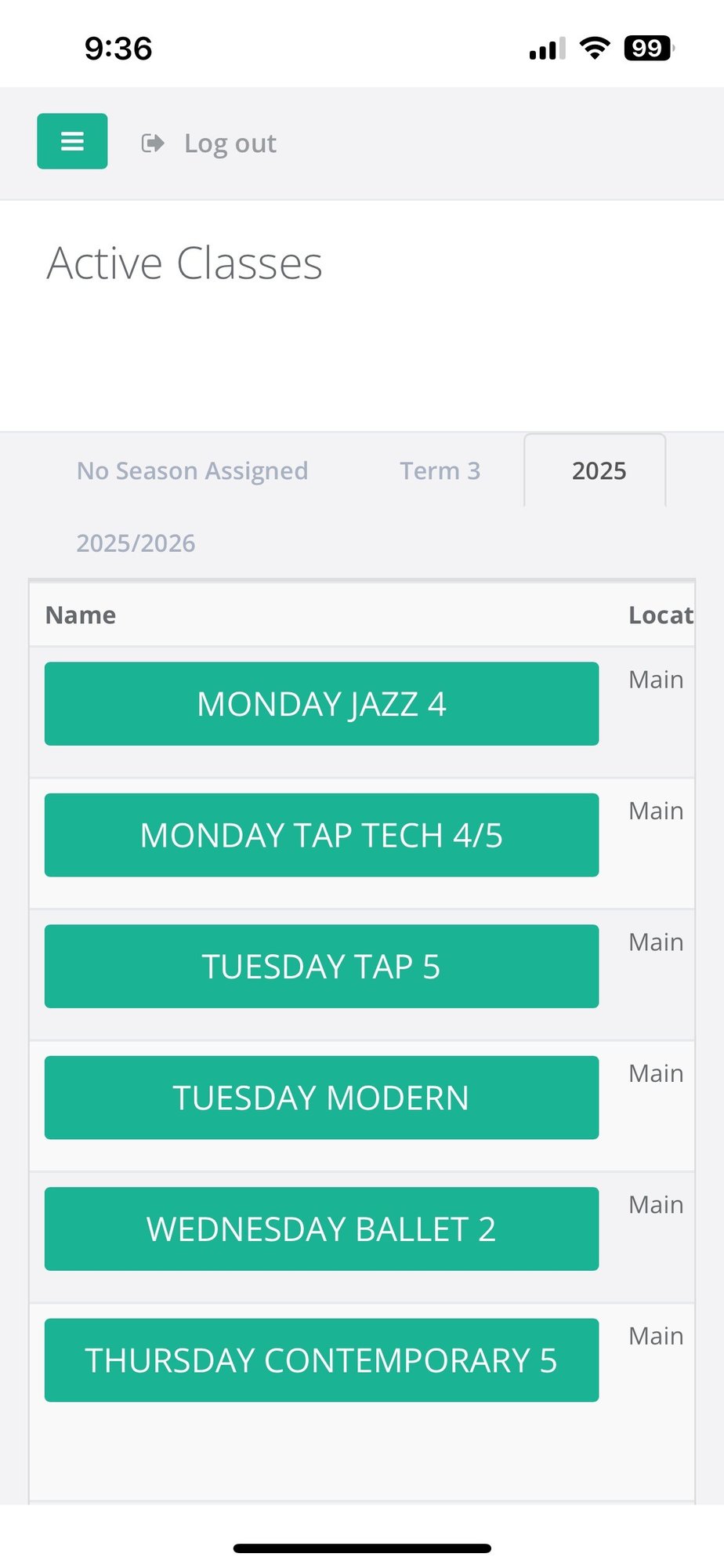 Screenshot of Studio Pro's dance studio software showing different classes