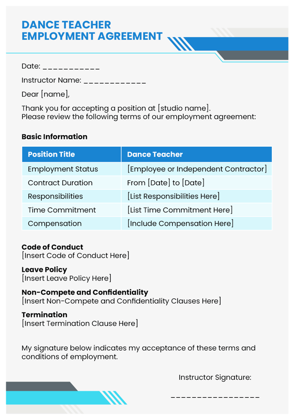 Dance teacher contract sample template
