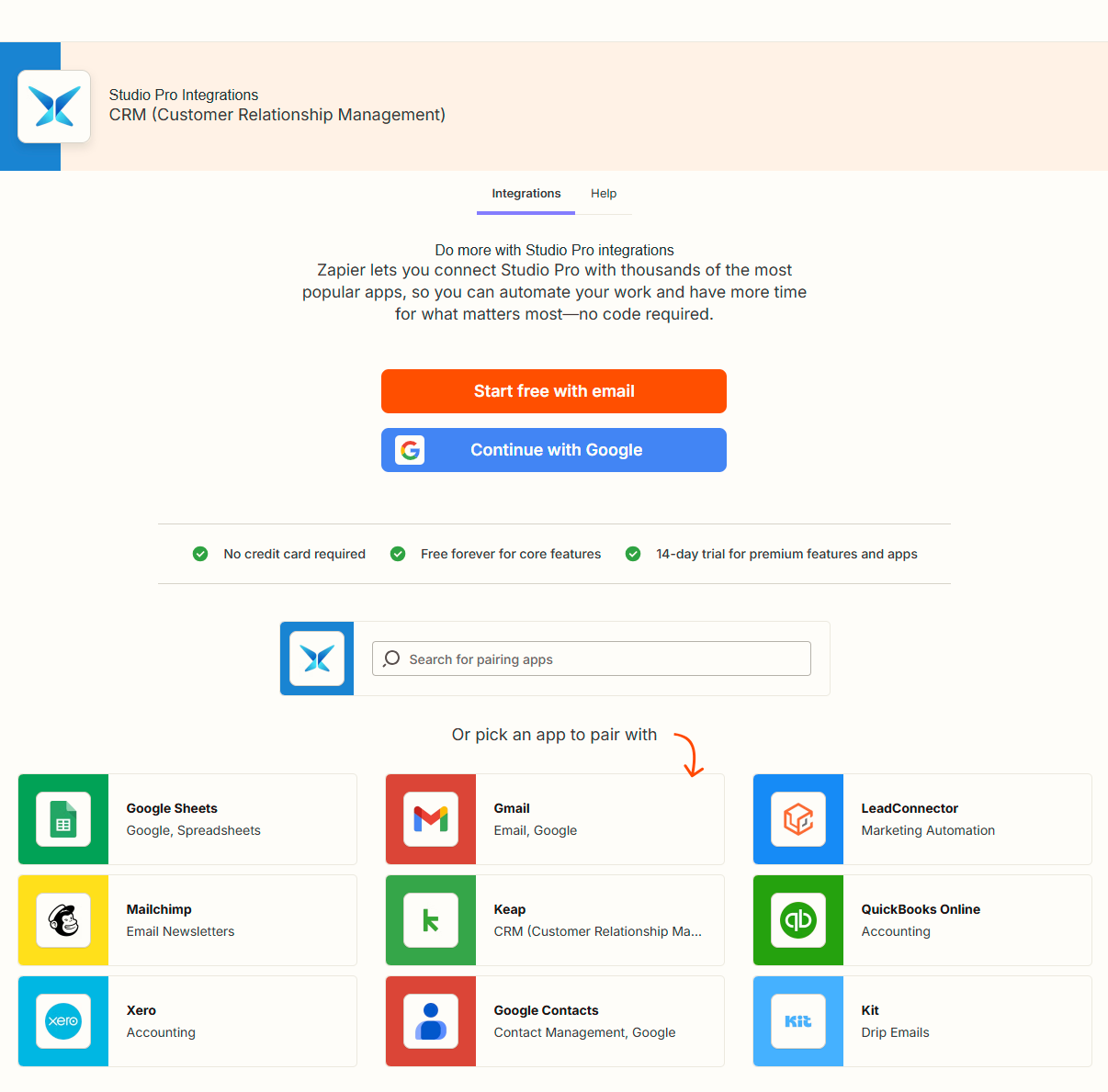 Screenshot of a page on Zapier showing Studio Pro integrations