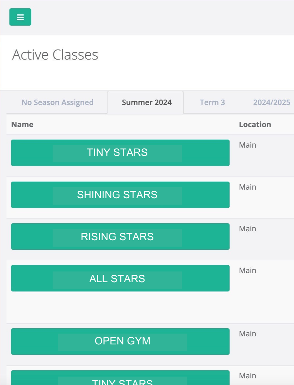 Screenshot of Studio Pro’s cheer class software interface showing different active classes