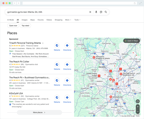 Screenshot of local search results for the query “gymnastics gyms near Atlanta, GA, USA.”