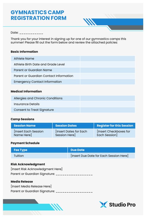 A gymnastics camp registration form template.