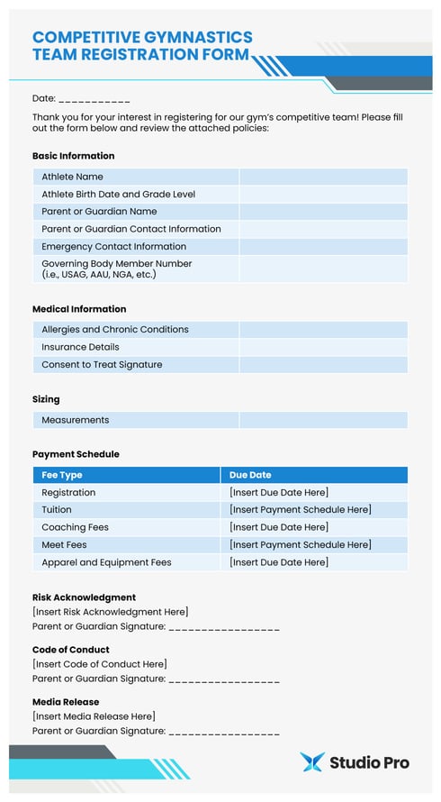 A competitive gymnastics team registration form template.