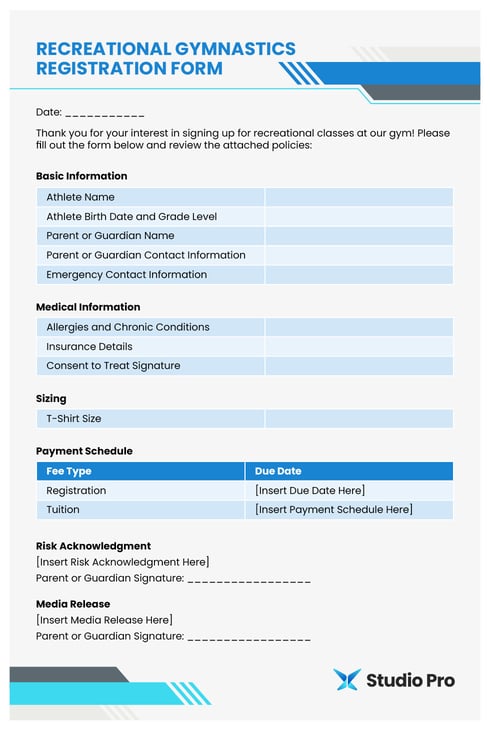 A recreational gymnastics registration form template.