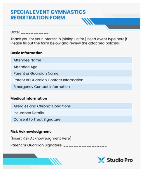 A special event gymnastics registration form template.