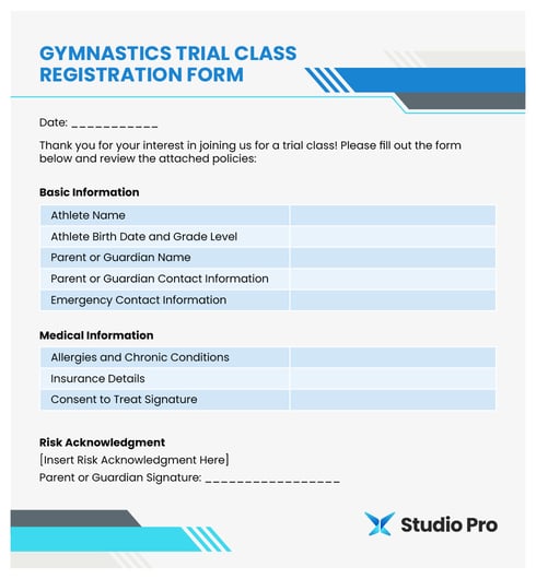 A gymnastics trial class registration form template.