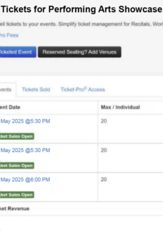 Screenshot of Studio Pro’s performing arts center software interface showing ticket-selling options for different performances