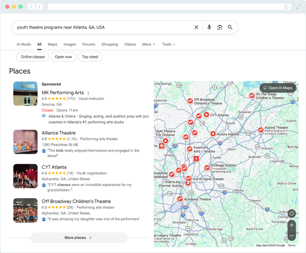 Screenshot of local search results for the query “youth theatre programs near Atlanta, GA, USA.”