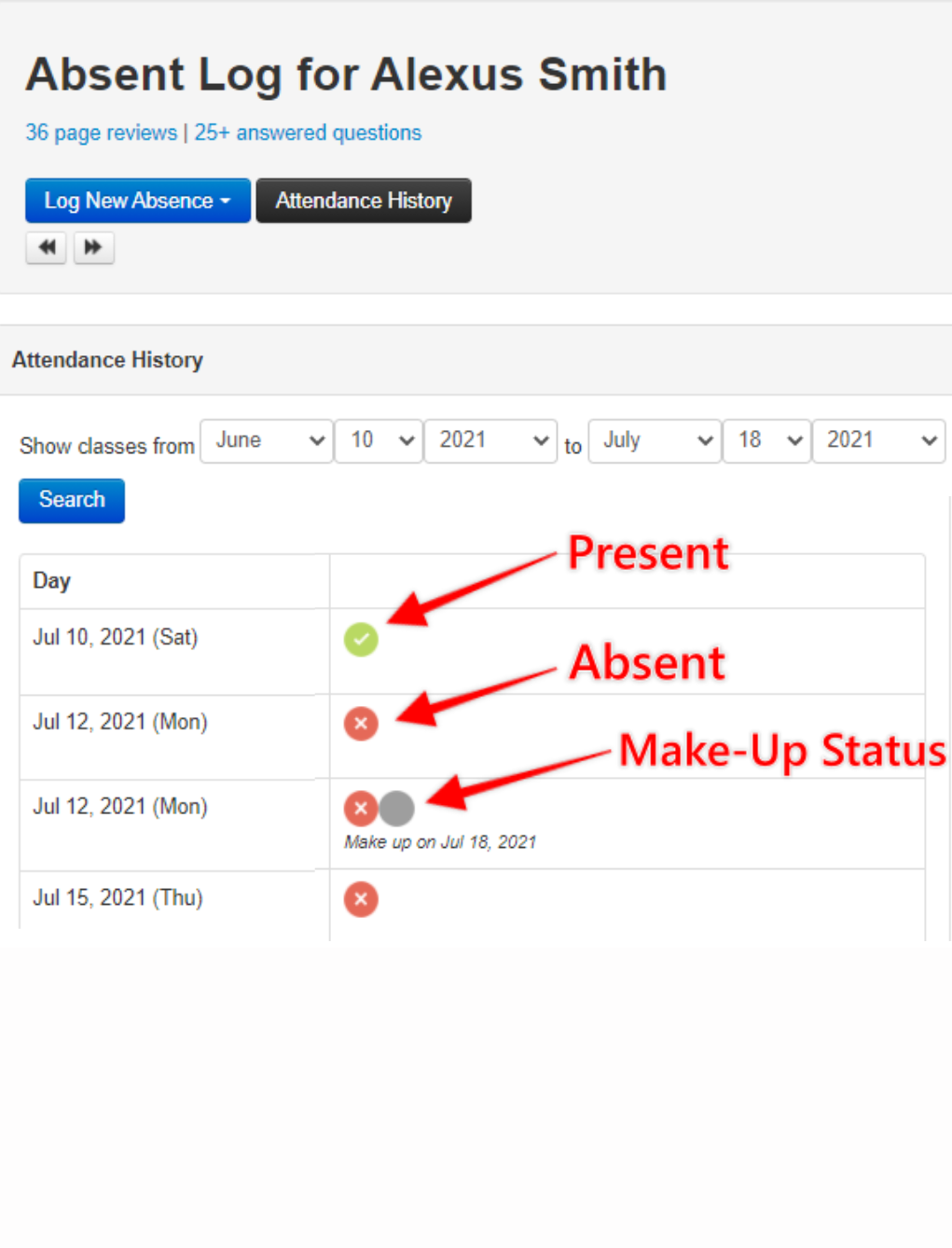 Screenshot of Studio Pro’s cheer class software interface showing an athlete’s absent log