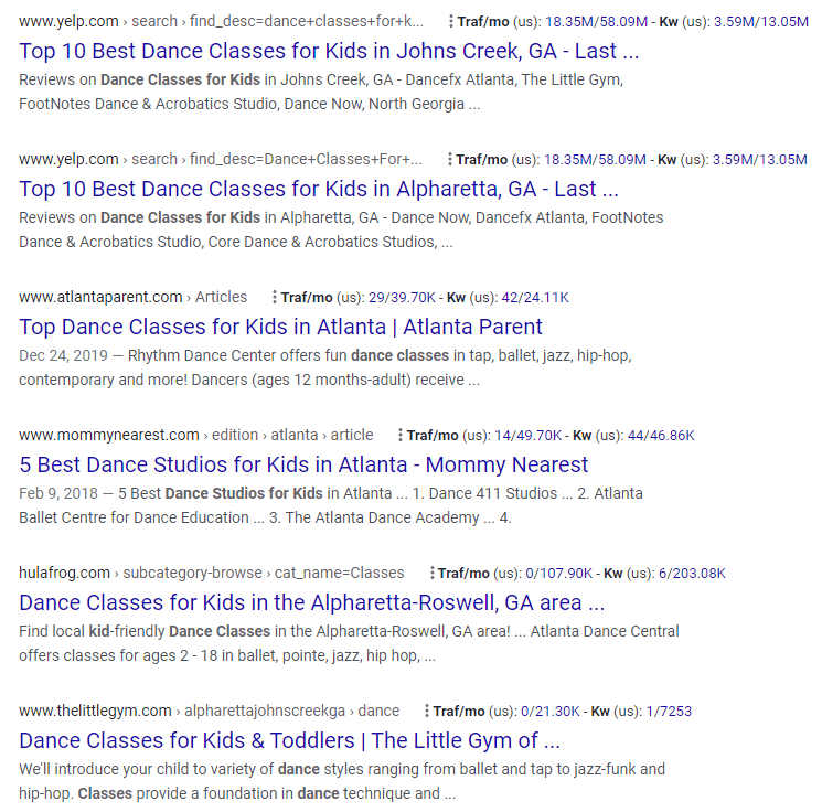 An example search engine results page showing organic search results from different dance studios.